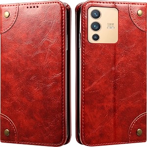 pu leather wallet folio case for vivo v23 pro 5g flip cover book design pouch with stand amp card slot magnetic push closure - red