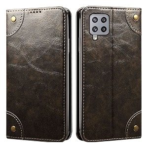 pu leather wallet folio case for samsung galaxy m42 5g flip cover book design pouch with stand amp card slot magnetic push closure - grey