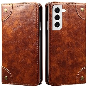 pudini pu leather wallet folio case for samsung galaxy s22 flip cover book design pouch with stand amp card slot magnetic push closure - brown