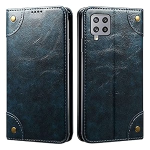 pudini pu leather wallet folio case for samsung galaxy m42 5g flip cover book design pouch with stand amp card slot magnetic push closure - blue