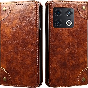 pu leather wallet folio case for oneplus 10 pro 5g  one plus 10 pro 5g flip cover book design pouch with stand amp card slot magnetic push closure - brown