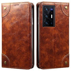 pu leather wallet folio case for vivo x70 pro  vivo x70 pro plus flip cover book design pouch with stand amp card slot magnetic push closure - brown