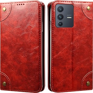 pu leather wallet folio case for vivo v23 5g flip cover book design pouch with stand amp card slot magnetic push closure - red
