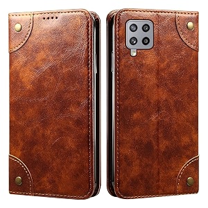 pu leather wallet folio case for samsung galaxy m42 5g flip cover book design pouch with stand amp card slot magnetic push closure - brown