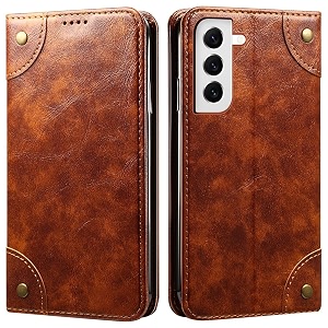pu leather wallet folio case for samsung galaxy s21 fe 5g flip cover book design pouch with stand amp card slot magnetic push closure - brown
