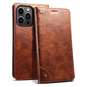 pu leather wallet folio case for apple iphone 13 pro flip cover book design pouch with stand amp card slot magnetic push closure - brown