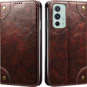pu leather wallet folio case for oneplus 9rt flip cover book design pouch with stand amp card slot magnetic push closure - coffee