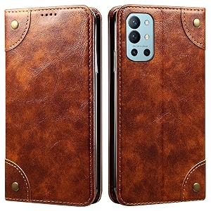 pu leather wallet folio case for oneplus 9r 5g flip cover book design pouch with stand amp card slot magnetic push closure - brown