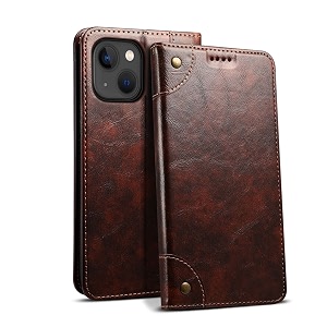 pu leather wallet folio case for apple iphone 13 flip cover book design pouch with stand amp card slot magnetic push closure - coffee