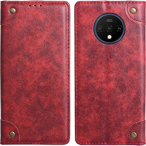 pu leather wallet folio case for oneplus 7t  one plus 7t  17t flip cover book design pouch with stand amp card slot magnetic push closure - red