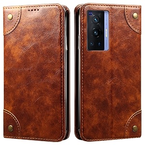 pu leather wallet folio case for vivo x70 pro flip cover book design pouch with stand amp card slot magnetic push closure - brown