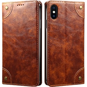 pu leather wallet folio case for apple iphone xsiphone x 58 inch flip cover book design pouch with stand amp card slot magnetic push closure - brown