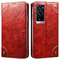 PU Leather Wallet Folio Case for vivo X60 Pro Plus/Pro+ Flip Cover Book Design Pouch with Stand &amp; Card Slot Magnetic Push Closure - Red