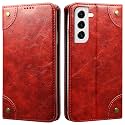 PU Leather Wallet Folio Case for Samsung Galaxy S21 FE 5G Flip Cover Book Design Pouch with Stand &amp; Card Slot Magnetic Push Closure - RED