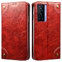 PU Leather Wallet Folio Case for Vivo X70 PRO Flip Cover Book Design Pouch with Stand &amp; Card Slot Magnetic Push Closure - Red