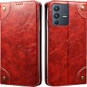 PU Leather Wallet Folio Case for Vivo V23 5G Flip Cover Book Design Pouch with Stand &amp; Card Slot Magnetic Push Closure - RED