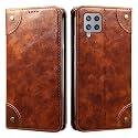 PU Leather Wallet Folio Case for Samsung Galaxy M42 5G Flip Cover Book Design Pouch with Stand &amp; Card Slot Magnetic Push Closure - Brown