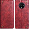 PU Leather Wallet Folio Case for OnePlus 7T / One Plus 7T / 1+7T Flip Cover Book Design Pouch with Stand &amp; Card Slot Magnetic Push Closure - Red