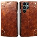 PU Leather Wallet Folio Case for Samsung Galaxy S22 Ultra Flip Cover Book Design Pouch with Stand &amp; Card Slot Magnetic Push Closure - Brown