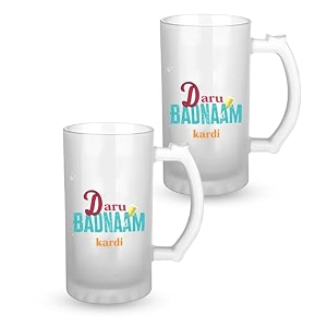 beer mug combo  frosted glass  multi-colour durable design  daru badnaam krdi printed  fun beer glasses for parties gifts for friends husband boyfriend home bar  pack of 2 x 350ml