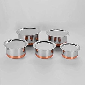 multi purpose use copper bottom stainless steel tope set 5pcs with lid copper bottom utensils vessel tapeli bhagona patila milk pot storage serving cookware set of 5 piece