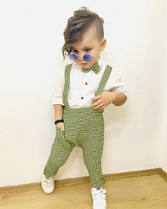 pulseburry dungaree for baby boys  baby girls party checkered cotton blend green pack of 1