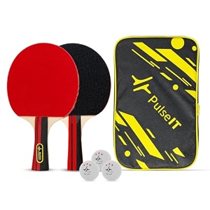 pulseit table tennis set with 2 premium tt bats 3 ping pong balls amp carry case  indoor outdoor ping pong racket kit  high spin speed amp control  for kids amp adults black amp red amp white ball