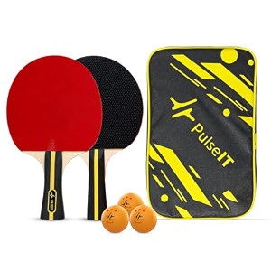 pulseit table tennis set with 2 premium tt bats 3 ping pong balls amp carry case  indoor outdoor ping pong racket kit  high spin speed amp control  for kids amp adults black ampyellow amp orange ball