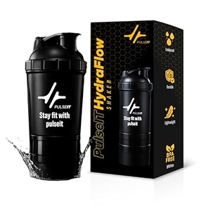 pulseit hydraflow protein shaker bottle 500ml with 2 storage compartments amp mixing ball  bpa-free leakproof gym shaker for whey protein pre workout bcaa amp supplements  workout bottle black