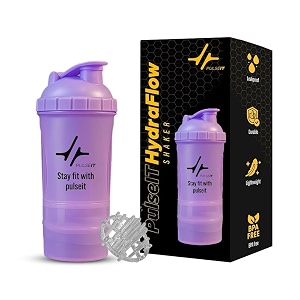 pulseit hydraflow protein shaker bottle 500ml with 2 storage compartments amp mixing ball  bpa-free leakproof gym shaker for whey protein pre workout bcaa amp supplements  workout bottle purple