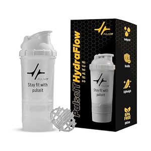 pulseit hydraflow protein shaker bottle 500ml with 2 storage compartments amp mixing ball  bpa-free leakproof gym shaker for whey protein pre workout bcaa amp supplements  workout bottle grey