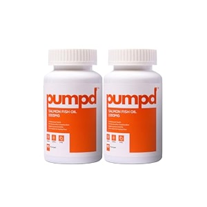 pumpd salmon omega-3 fish oil 1000mg  rich blend of fatty acids epa 180mg amp dha 120mg  optimal support for heart brain joint amp immune health  reducing inflammation improving mood amp healthy skin  no fishy burps  60 softgel capsules pack of 2