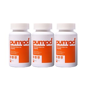 pumpd salmon omega-3 fish oil 1000mg  rich blend of fatty acids epa 180mg amp dha 120mg  optimal support for heart brain joint amp immune health  reducing inflammation improving mood amp healthy skin  no fishy burps  60 softgel capsules  pack of 3