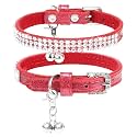PUPTECK Basic Adjustable Cat Collar with Bling Diamond and Double Bells, for Kitten and Small Puppy, Fashion and Shining Dog Rhinestone Collars, 6-8 in, Red