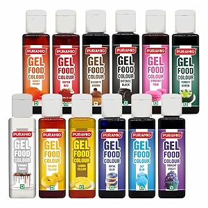 puramio gel food colour combo pack of 12 30g each - sunset orange super red buckeye brown intense black vibrant pink forest green vibrant white golden yellow lemon yellow royal blue sky blue vibrant voilet