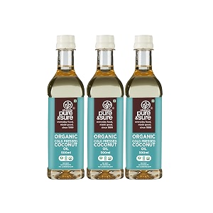 phalada pure amp sure organic cold pressed coconut oil 15 ltrs 500ml x pack of 3  natural organic amp pure nariyal tel  used for cooking skin hair baby massage nutrient rich amp chemical free