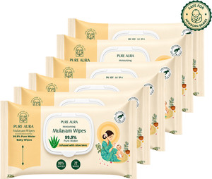 pure aura baby mulayam wipes 9999 pure water  pack of 6 432 wipes