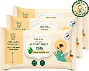 pure aura baby mulayam wipes 9999 pure water  pack of 3 216 wipes