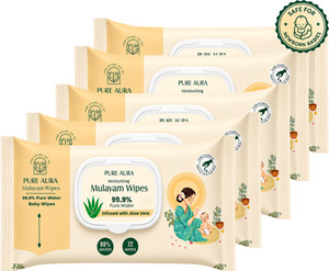 pure aura baby mulayam wipes 9999 pure water  pack of 5 360 wipes