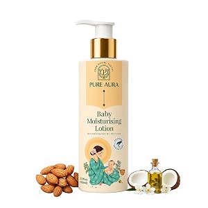 pure aura baby moisturising lotion  ayurvedic deep hydration for dry amp delicate baby skin  coconut oil almond oil amp neem  lightweight amp non-sticky  100ml