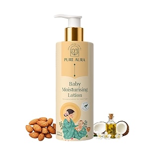 pure aura baby moisturising lotion  ayurvedic deep hydration for dry amp delicate baby skin  coconut oil almond oil amp neem  lightweight amp non-sticky  200ml