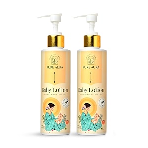 pure aura baby moisturising lotion pack of 2  ayurvedic deep hydration for dry amp delicate baby skin  coconut oil almond oil amp neem  lightweight amp non-sticky  200ml each