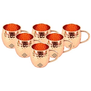 indian art villa pure copper hammered design shine finish round moscow mule beer mug cup volume-530ml set of 6