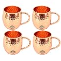 INDIAN ART VILLA Pure Copper Hammered Design Shine Finish Round Moscow Mule Beer Mug Cup, Volume-530ML, Set of 4