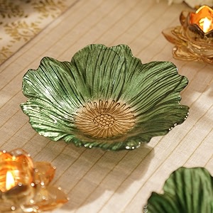 pure home set of 2 green floral shaped glass serving bowls  size 21x21x55 cm  premium serving bowls for everyday dining  dining table showpiece amp serveware  ideal for diwali  premium  pack of 2