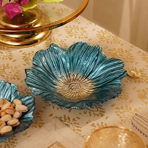 pure home set of 2 teal floral shaped glass serving bowls  size 21x21x55 cm  premium serving bowls for everyday dining  table top serving amp dining decor  ideal for festive dining gifts  pack of 2