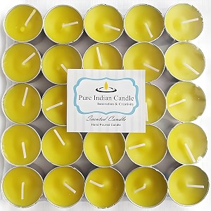 pure indian candle handmade sandalwood amber fragrance yellow tea light candle pack of 25 pictl202287