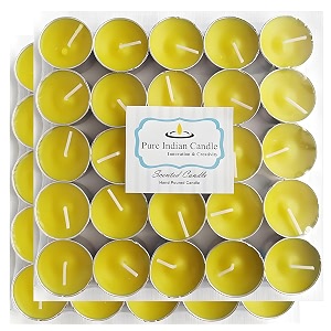 pure indian candle handmade sandalwood amber fragrance yellow tea light candle pack of 50 pictl202288