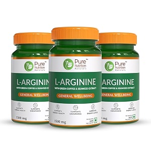 pure nutrition l-arginine 1500mg - 180 veg capsules 60x3  with green coffee seaweed amp beetroot extract  boosts muscle growth stamina heart health amp blood circulation  energy amp endurance supplement for men amp women