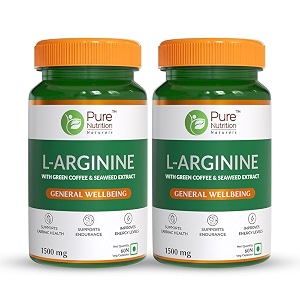pure nutrition l-arginine 1500mg - 120 veg capsules 60x2  with green coffee seaweed amp beetroot extract  boosts muscle growth stamina heart health amp blood circulation  energy amp endurance supplement for men amp women